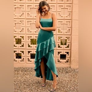 NWT Lulu’s Yori Teal Green Satin Ruffled High-Low Maxi Dress